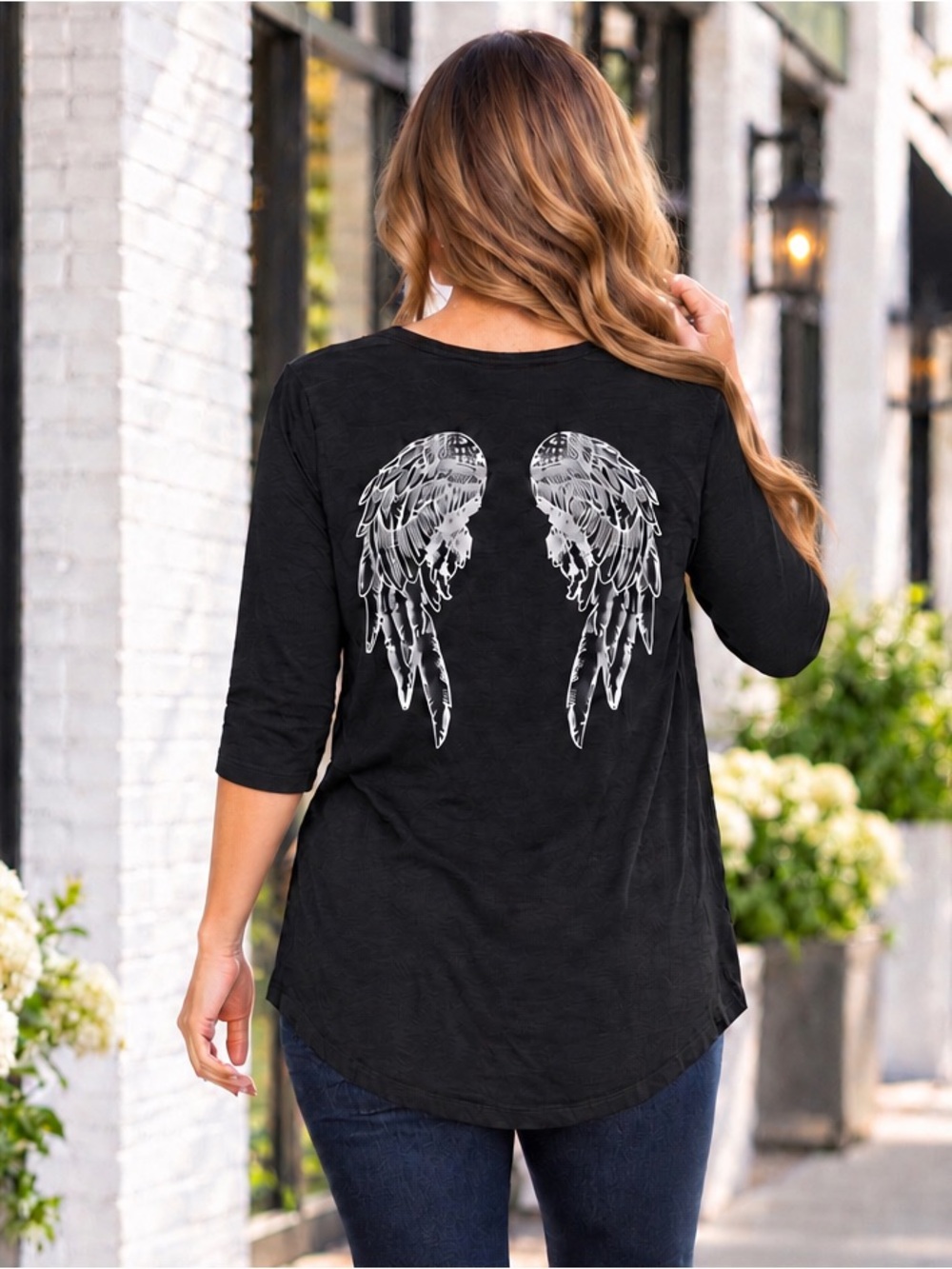 NEW Umgee Black & White Embroidered Angel Wings Slub-like Pullover T-shirt Tee